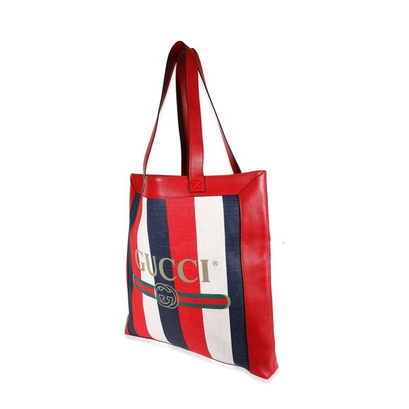 Gucci Red, White, & Blue Logo Stripe Canvas and Leather Tote - Picture 2 of 6